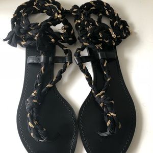 Belle by Sigerson Morrison Black and Gold Braided Lace-Up Sandals